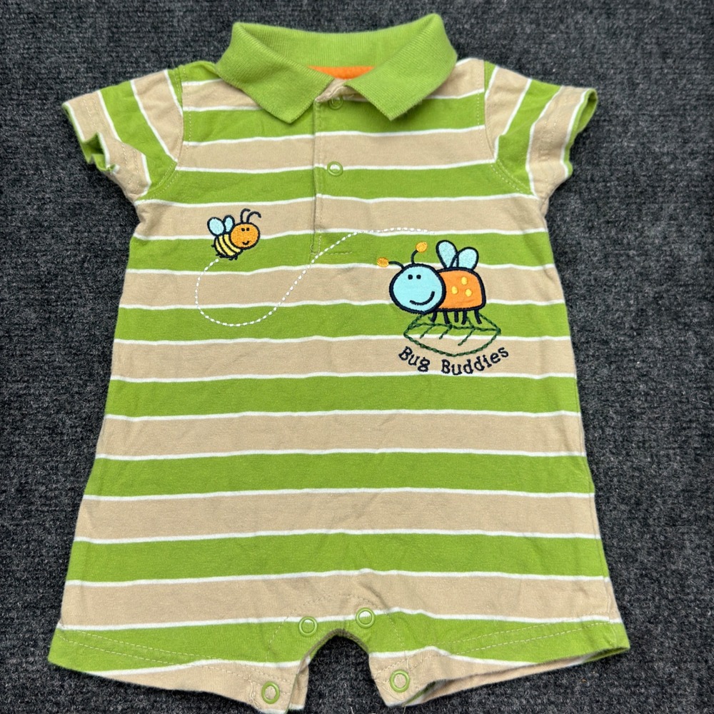 Just One Year by Carters Baby Boy Green Striped Bug Buddies Polo Romper 3M